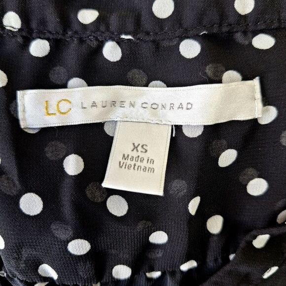 LC Lauren Conrad Sheer Black & White Button-Up Polkadot Puff Sleeve Blouse Sz XS - Picture 5 of 9